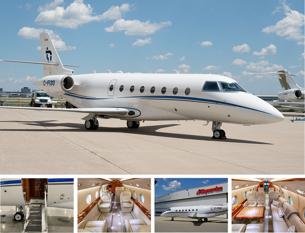 Exterior and interior image of THI Gulfstream G200 jet with THI logo on tail at airport