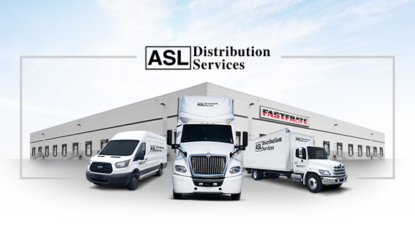 ASL logo above Fastfrate terminal with 1 ASL van, 1 ASL semitrailer truck, 1 straight truck